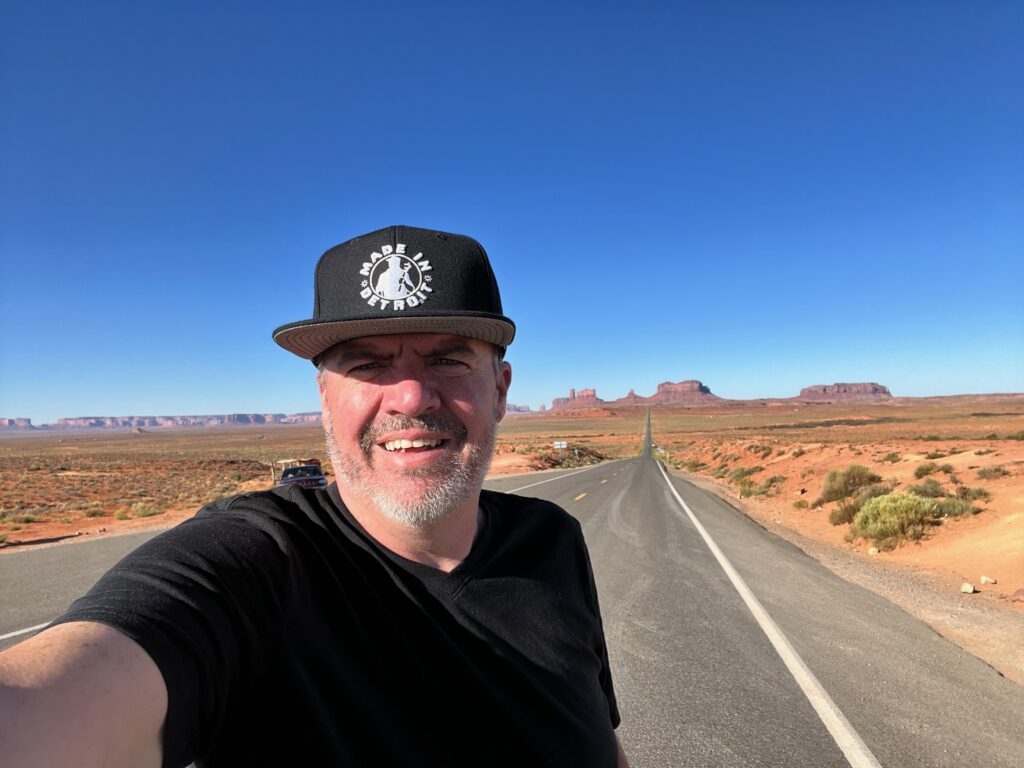 Deuce at the Forrest Gump Hill Scenic Spot near Monument Valley.