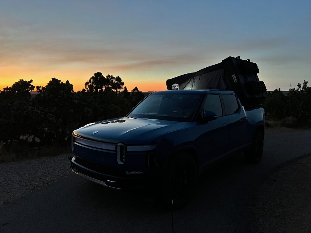 Rivian R1T with Rooftop Tent setup in time for sunset.