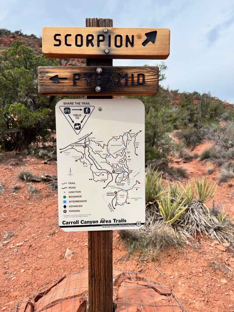 Sign showing a map of Carroll Canyon Area Trails at Scorpion Trail in Sedona.