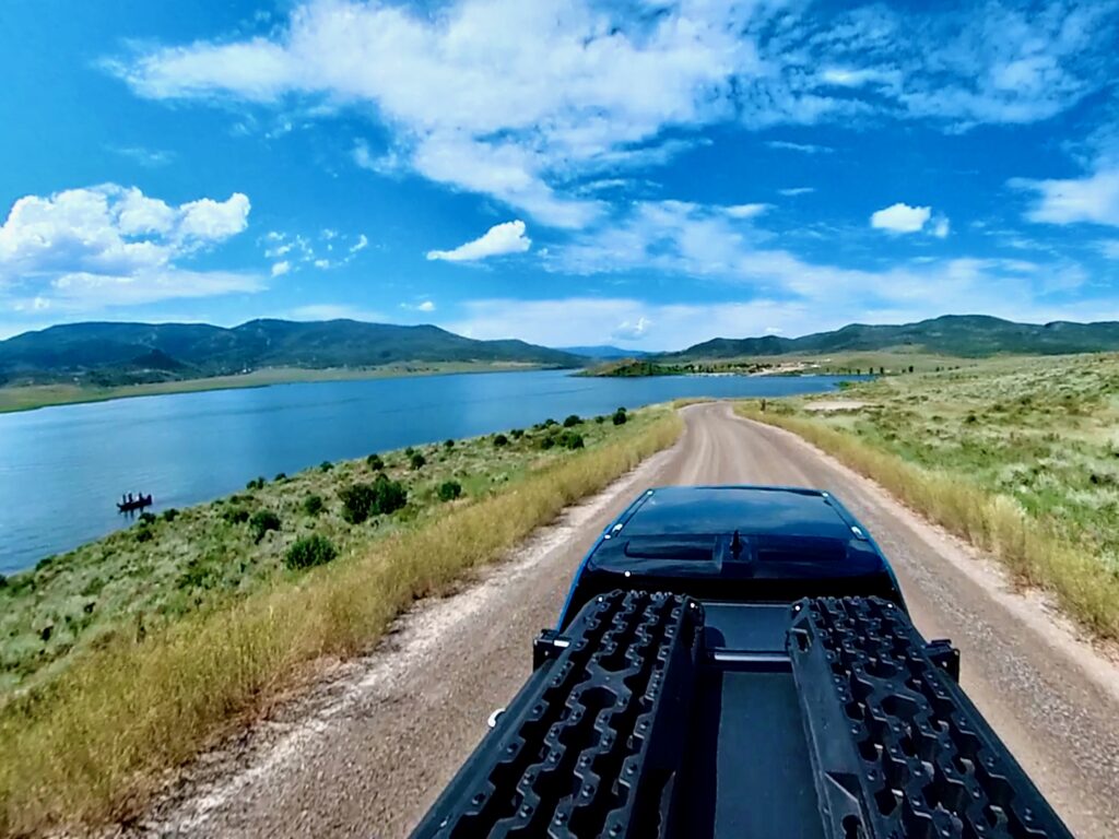 Passing Stagecoach Reservoir while overlanding Colorado.