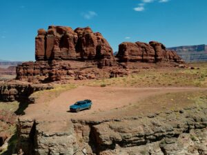 Drone shot of my R1T at the Moab Chicken Corners surrounded by epic scenery.