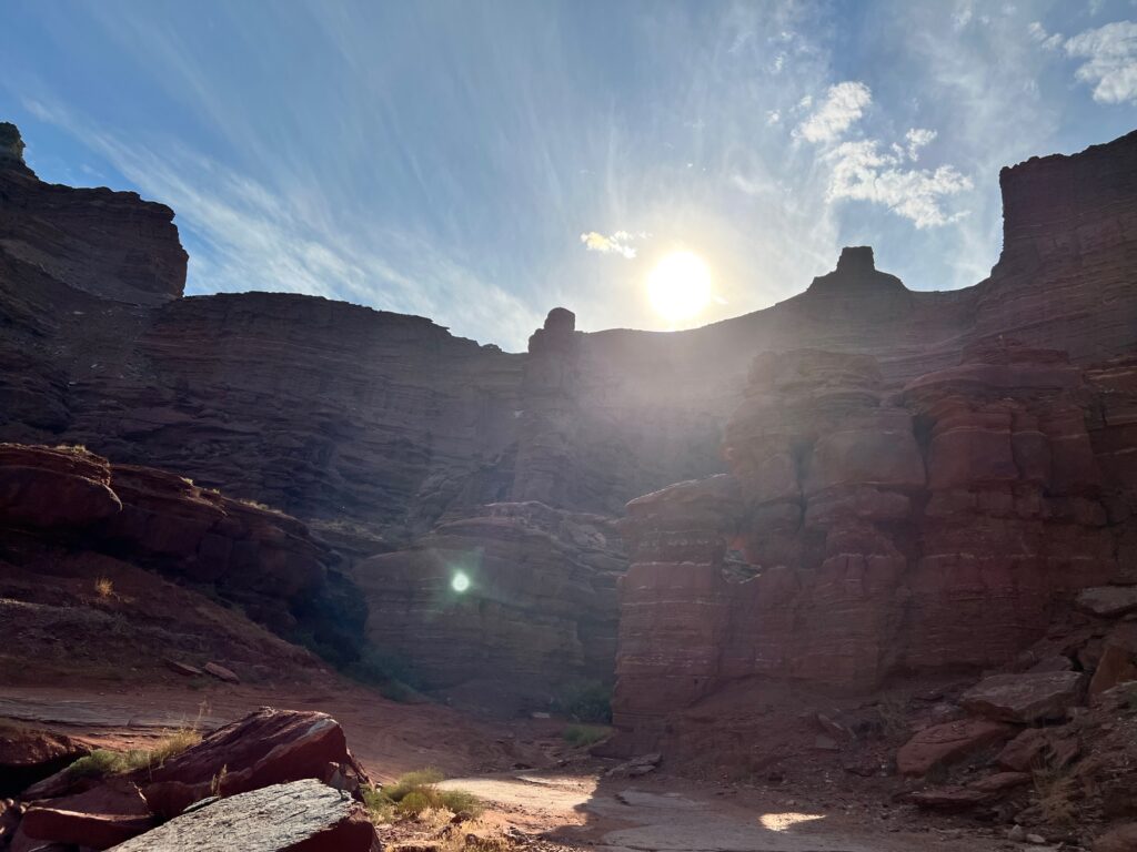 Sun starting to set at the Moab Chicken Corners.