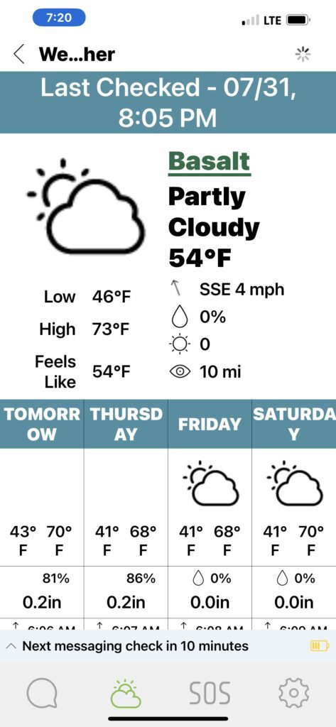 Weather report from Zoleo while on the Colorado BDR